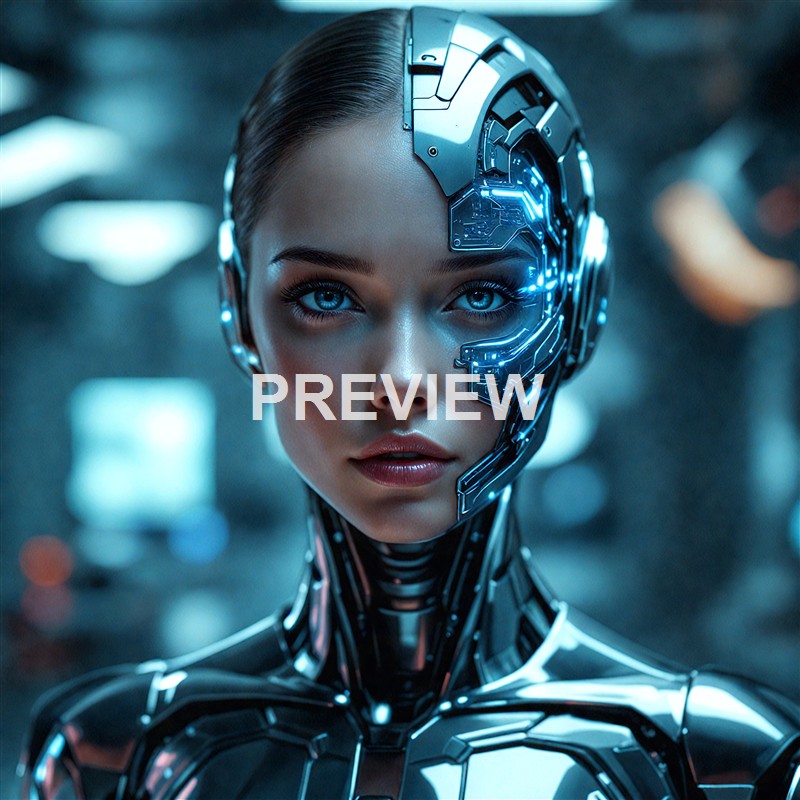 A woman with striking blue eyes and sleek hair, wearing a futuristic cybernetic suit and a half-robotic faceplate with glowing blue circuits, standing in a high-tech environment.
